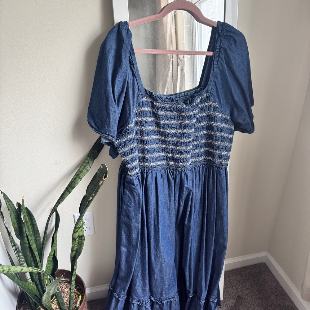 Blue Denim Summer Dress with Puff Sleeves